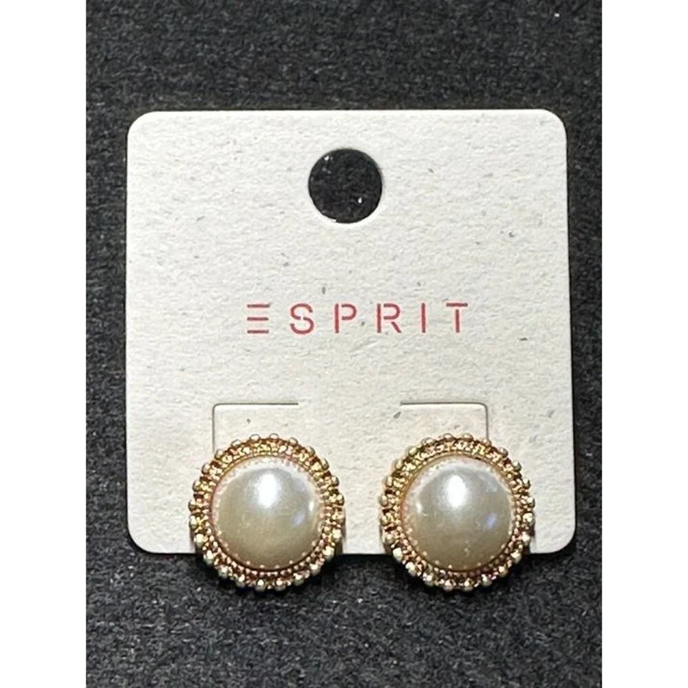ESPRIT Gold Tone Pearl Stud Earrings Beaded Border Bridal Classic Style New